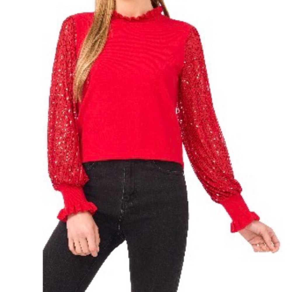 New! CeCe Elegant Red Sweater With Sequin Statement Sleeves Size Large